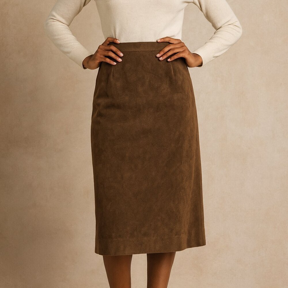 Vintage 70s Lilli Ann Adolph Schuman Brown Ultrasuede Pencil Midi Skirt